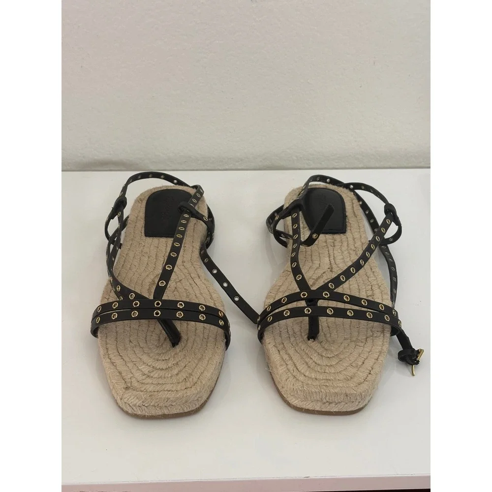 Madewell Mira Espadrille Thong Sandal Ankle Wrap Grommet Leather Black NV826 10